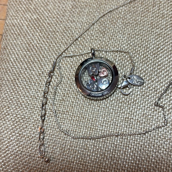 Origami Owl Silver Tone  Necklace 5 Floating Crystal Enamel Charms Locket 17.5”L - Picture 5 of 13
